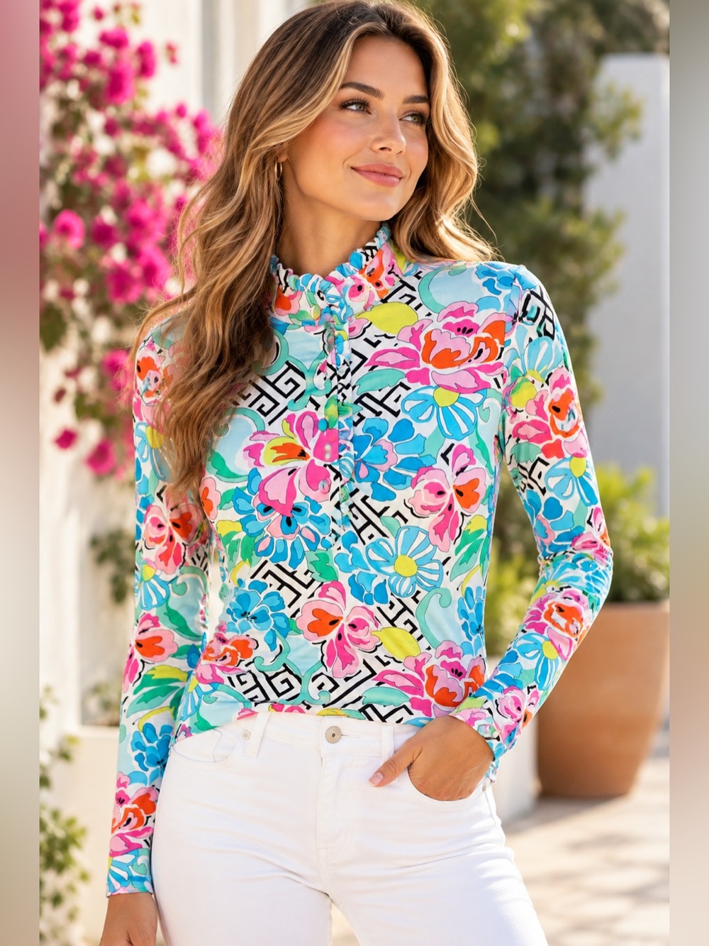 IBKUL XS Floral Geometric Mesh Sleeve Ruffle Neck Golf Tennis Top